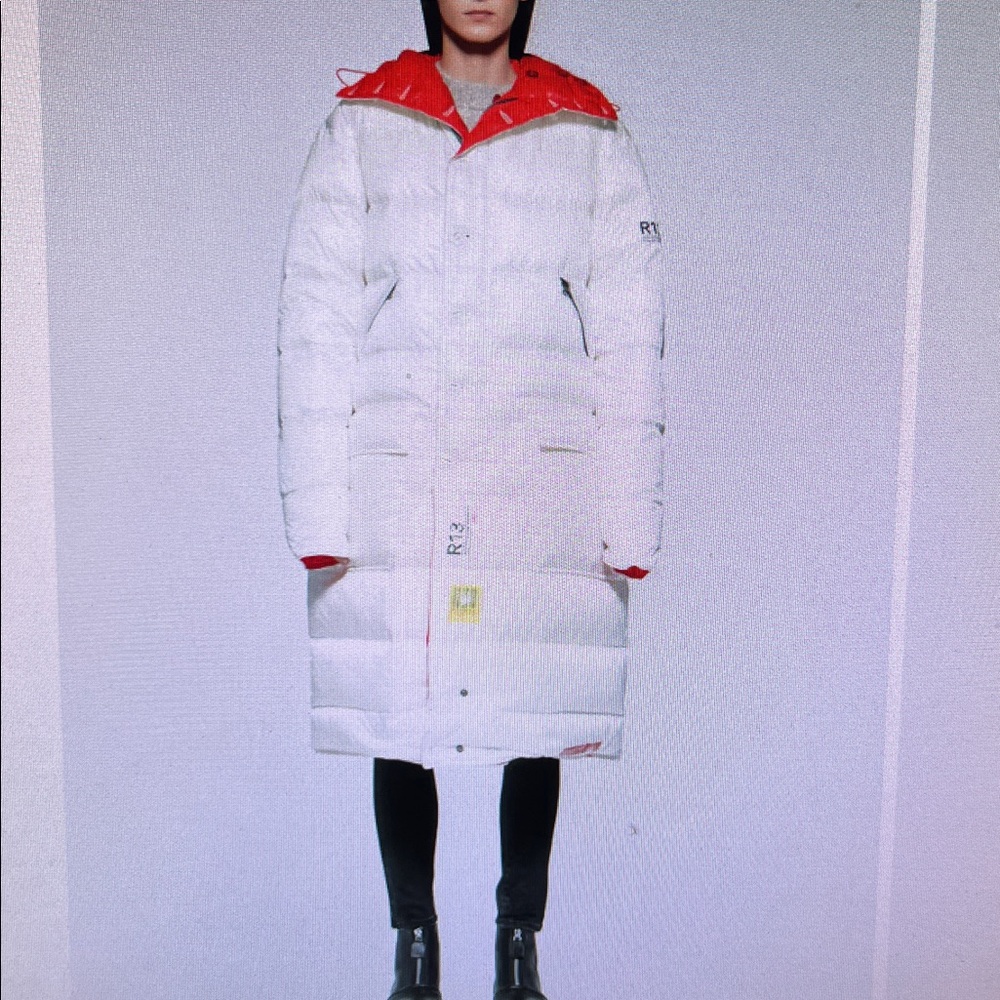 R13 Reversible Red and White long Puffer Anorak Jacket.